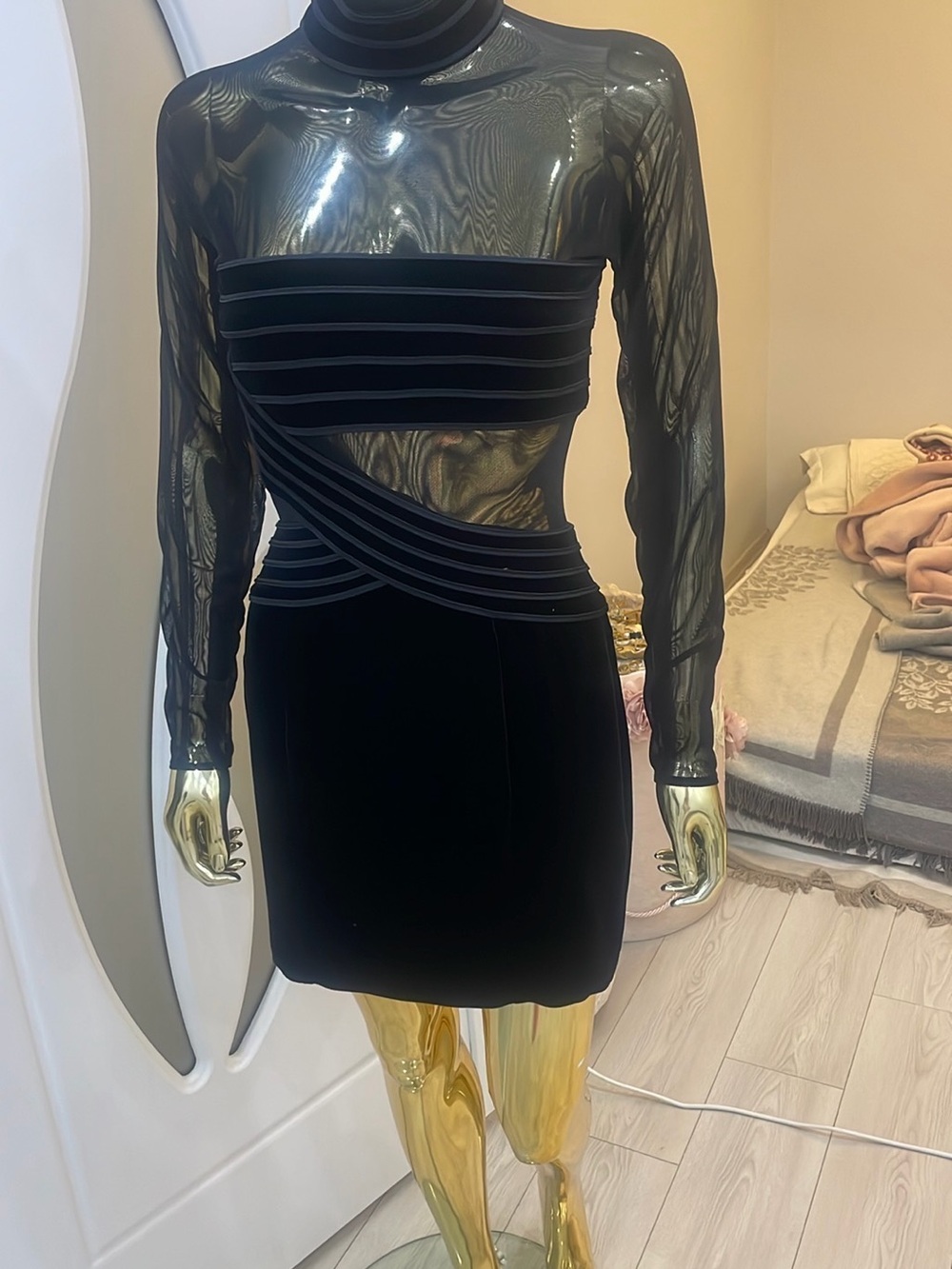 JS Collections Black Sheer Mesh & Velvet Midi Dress